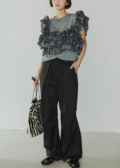 Casual Grey Stereoscopic Flower Cotton Shirts Sleeveless