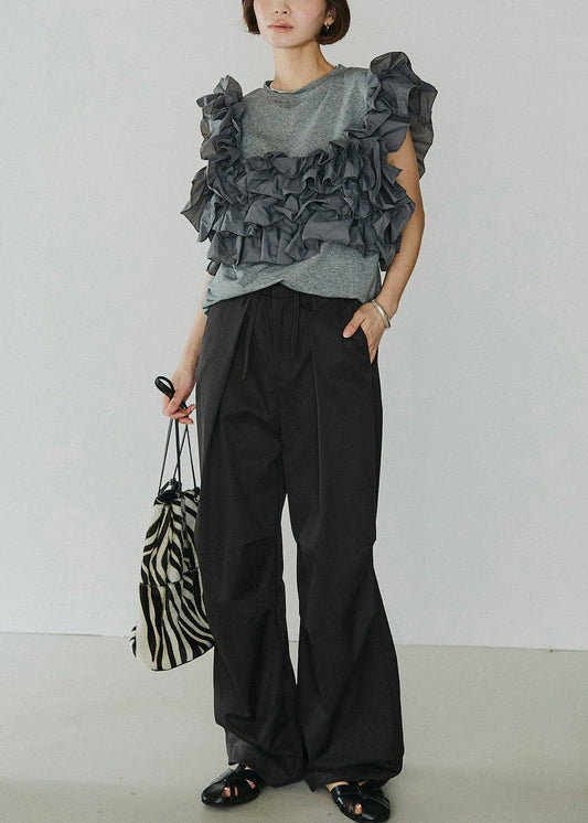 Casual Grey Stereoscopic Flower Cotton Shirts Sleeveless