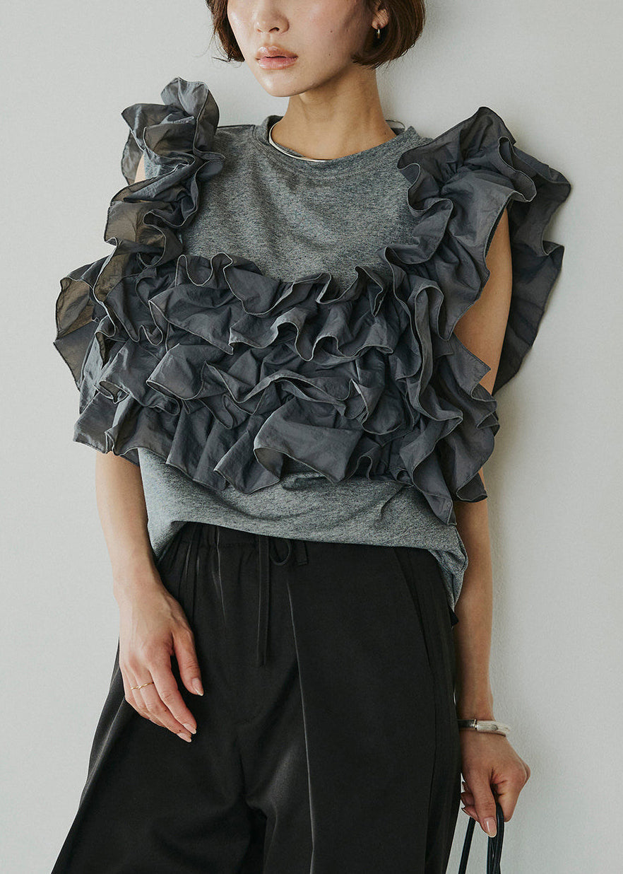Casual Grey Stereoscopic Flower Cotton Shirts Sleeveless