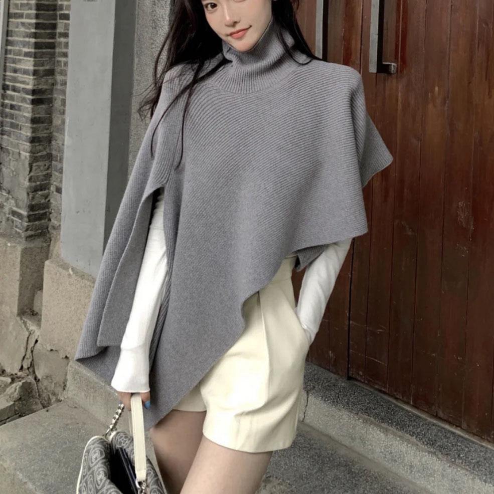 Sweater tops Casual Grey Turtleneck asymmetrical design Cloak Sleeves Knit Top - SooLinen