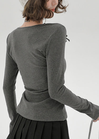 Camisas casuales de algodón con cuello en U y encaje de patchwork en gris para primavera