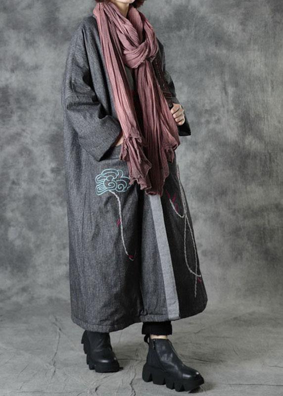 Casual Grey V Neck Embroideried Pockets Winter Cotton Coats Long Sleeve - SooLinen