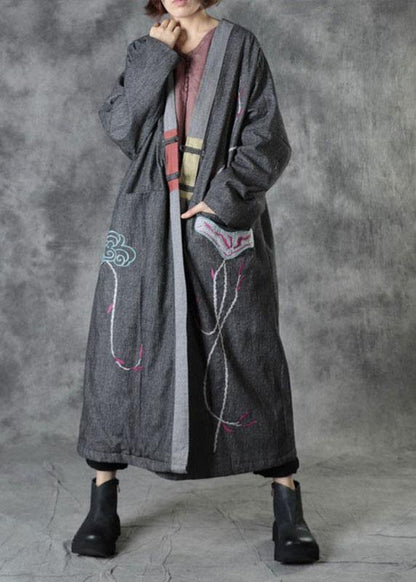 Casual Grey V Neck Embroideried Pockets Winter Cotton Coats Long Sleeve - SooLinen