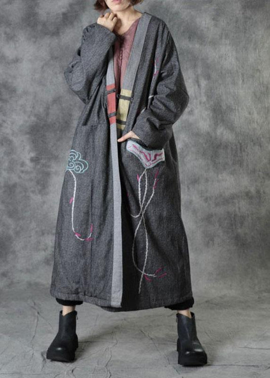 Casual Grey V Neck Embroideried Pockets Winter Cotton Coats Long Sleeve - SooLinen