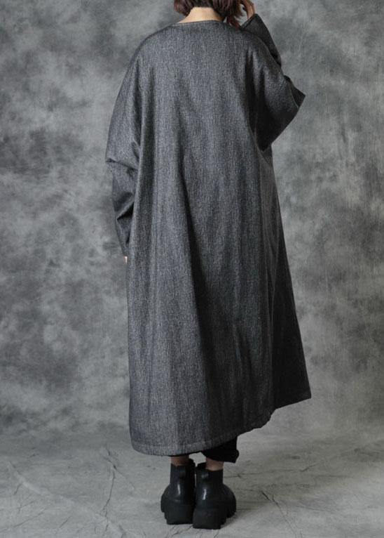 Casual Grey V Neck Embroideried Pockets Winter Cotton Coats Long Sleeve - SooLinen