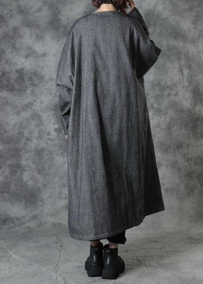 Casual Grey V Neck Embroideried Pockets Winter Cotton Coats Long Sleeve - SooLinen