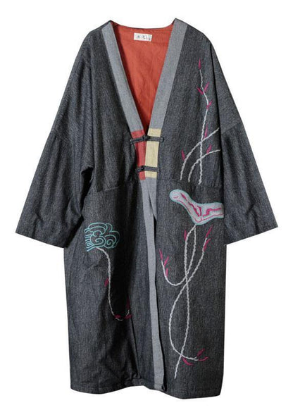 Casual Grey V Neck Embroideried Pockets Winter Cotton Coats Long Sleeve - SooLinen