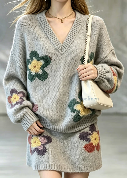 Casual Grey V Neck Floral Knit Sweater Two Pieces Set Fall