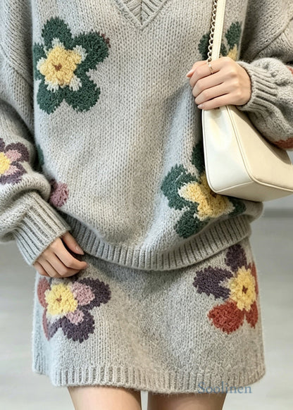 Casual Grey V Neck Floral Knit Sweater Two Pieces Set Fall