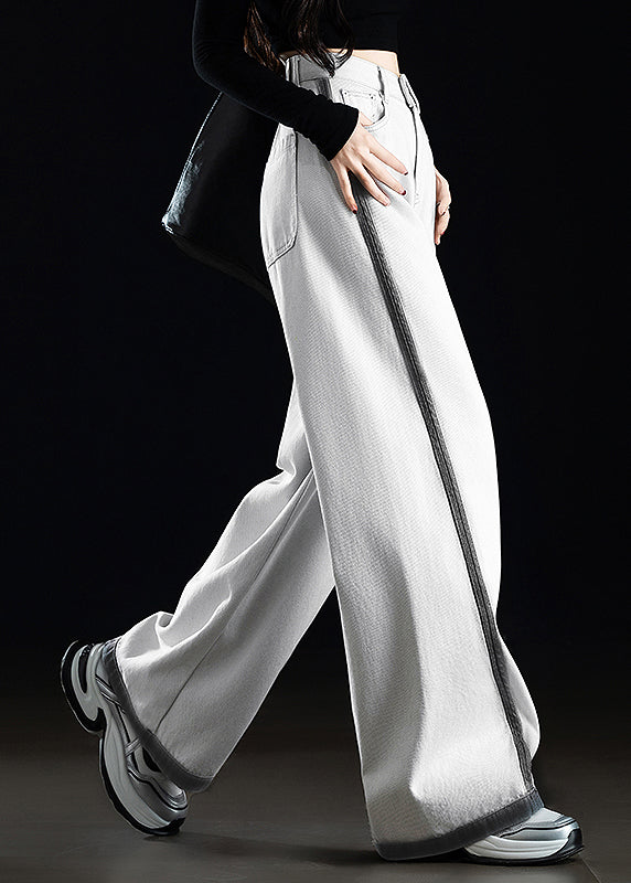 Casual Grey White Pockets Patchwork Denim Wide Leg Pants Spring