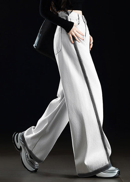 Casual Grey White Pockets Patchwork Denim Wide Leg Pants Spring