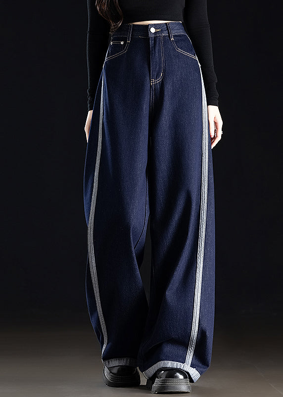 Casual Grey White Pockets Patchwork Denim Wide Leg Pants Spring