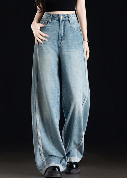 Casual Grey White Pockets Patchwork Denim Wide Leg Pants Spring