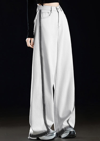 Casual Grey White Pockets Patchwork Denim Wide Leg Pants Spring