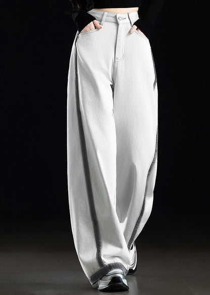 Casual Grey White Pockets Patchwork Denim Wide Leg Pants Spring