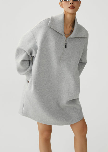 Lässiges graues Fleece-Sweatshirtkleid mit Reißverschlusstaschen für den Winter