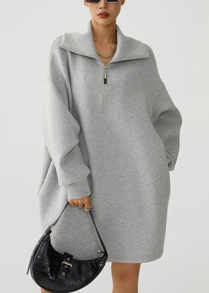 Lässiges graues Fleece-Sweatshirtkleid mit Reißverschlusstaschen für den Winter