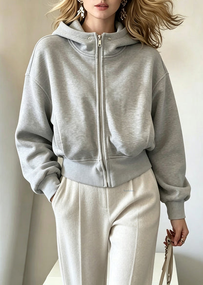 Casual Grey Zippered Patchwork Solid Hooded Coats Fall