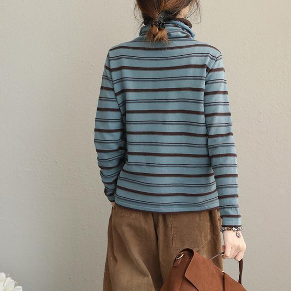 Lässiger, gestreifter Baumwollpullover mit hohem Halsausschnitt für Damen