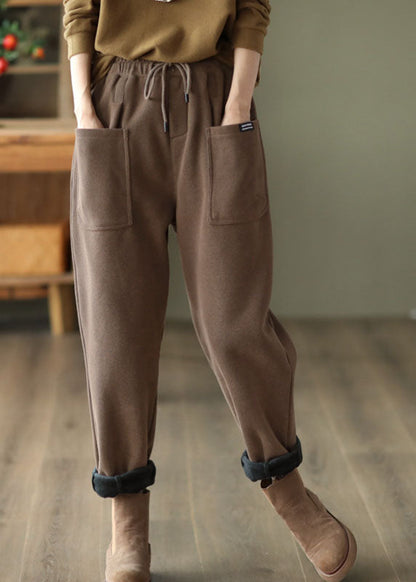 Casual Khaki Elastische Taille Kordelzug Taschen Warme Fleece Hose