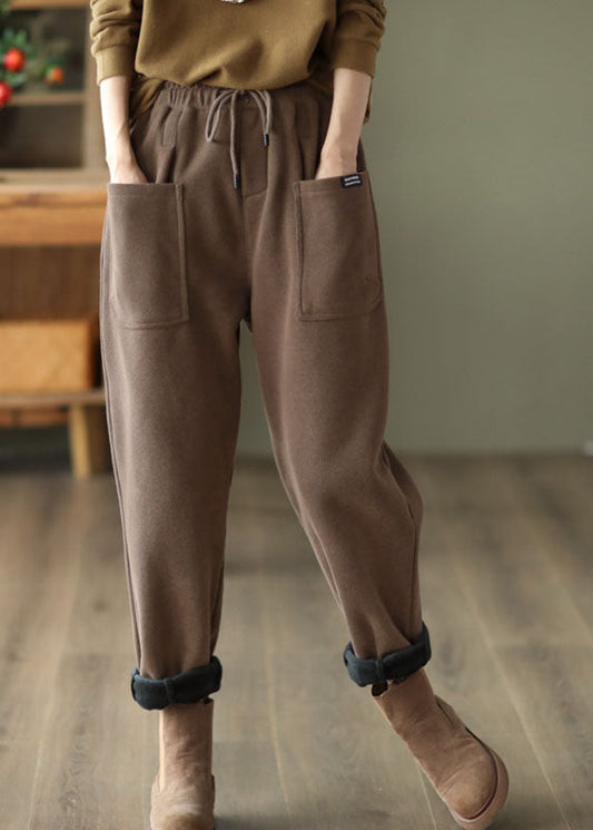 Casual Khaki Elastische Taille Kordelzug Taschen Warme Fleece Hose