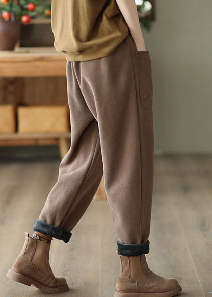 Casual Khaki Elastische Taille Kordelzug Taschen Warme Fleece Hose