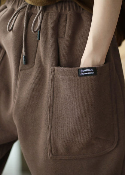 Casual Khaki Elastische Taille Kordelzug Taschen Warme Fleece Hose