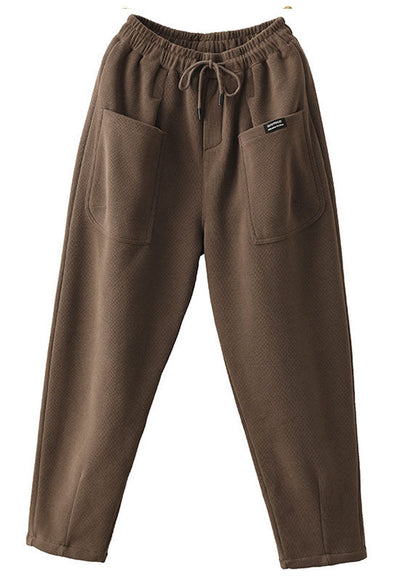Casual Khaki Elastische Taille Kordelzug Taschen Warme Fleece Hose