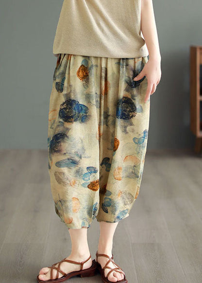 Pantalones casuales de algodón con cintura elástica y bolsillos de color caqui con estampado de patchwork para verano