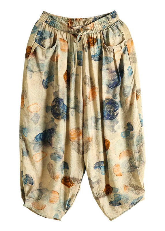 Pantalones casuales de algodón con cintura elástica y bolsillos de color caqui con estampado de patchwork para verano