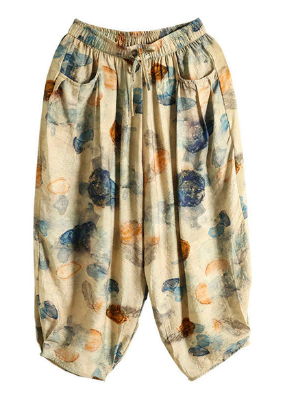 Pantalones casuales de algodón con cintura elástica y bolsillos de color caqui con estampado de patchwork para verano