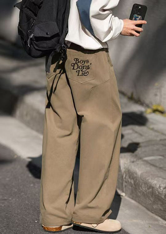 Casual Khaki Embroideried Pockets Cotton Men Wide Leg Pants Summer