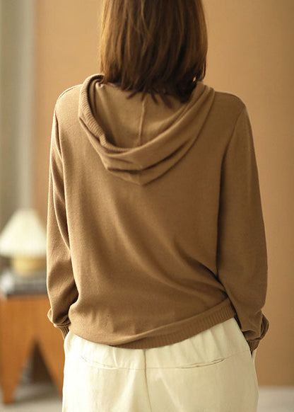 Lässiger Khaki-Strickpullover mit Kapuze und Kordelzug