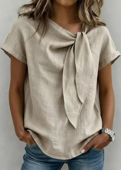 Casual Khaki Lace Up Cotton Shirt Top Short Sleeve