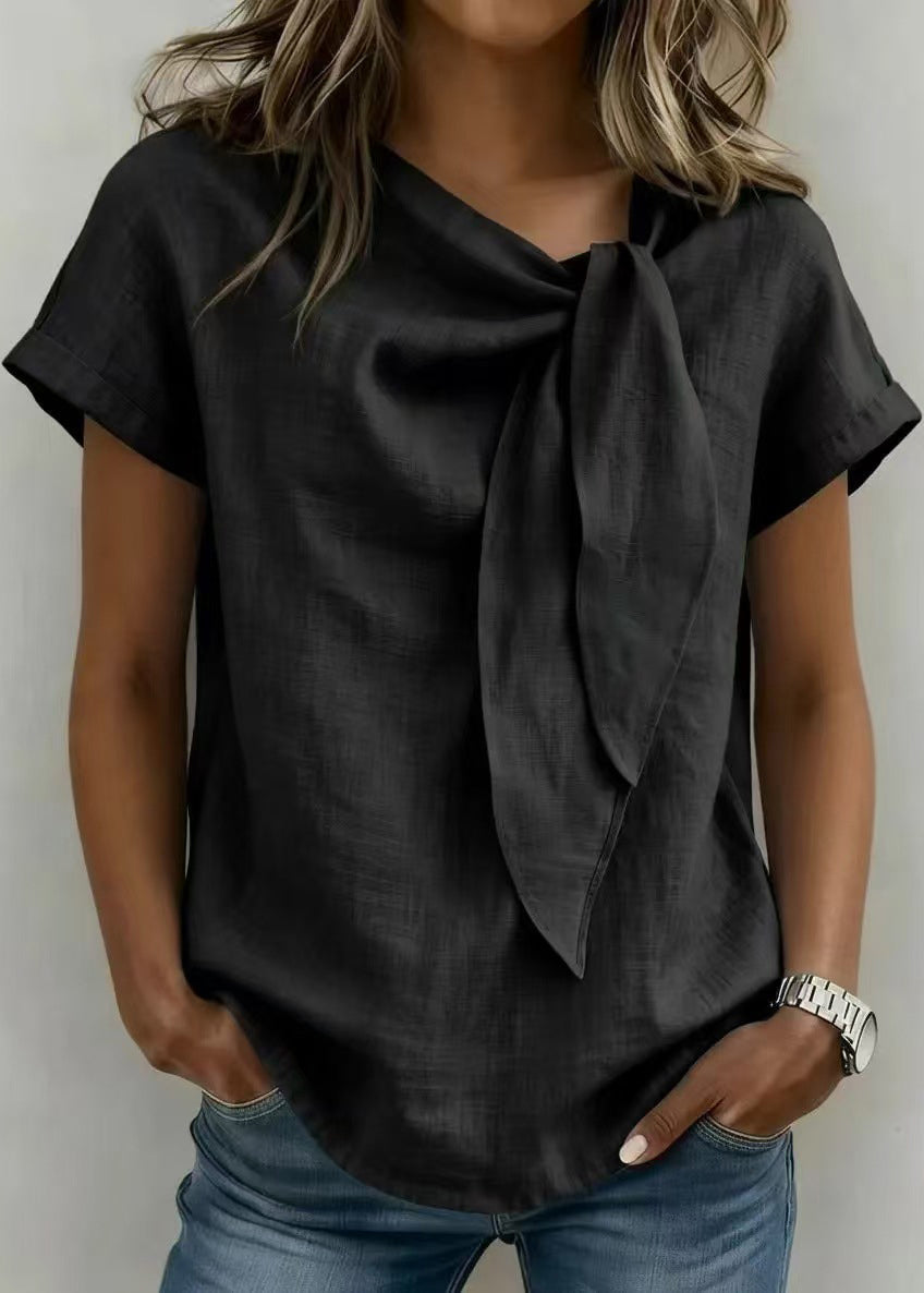 Casual Khaki Lace Up Cotton Shirt Top Short Sleeve