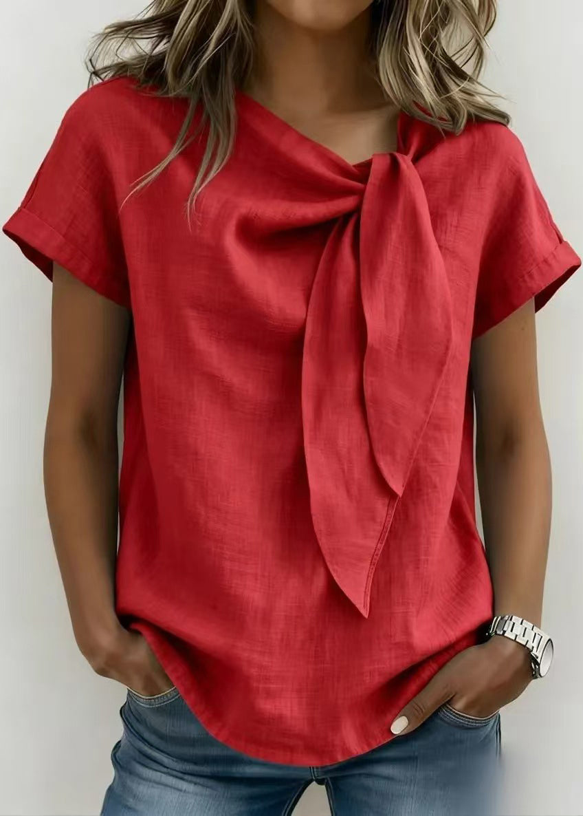 Casual Khaki Lace Up Cotton Shirt Top Short Sleeve