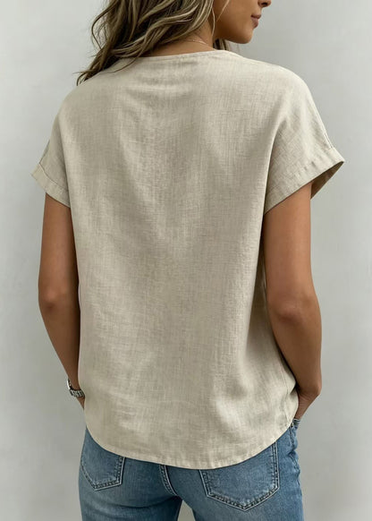 Casual Khaki Lace Up Cotton Shirt Top Short Sleeve
