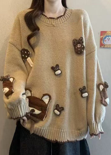 Lässige Khaki-Strickpullover mit Rundhalsausschnitt und Cartoon-Motiven für den Winter