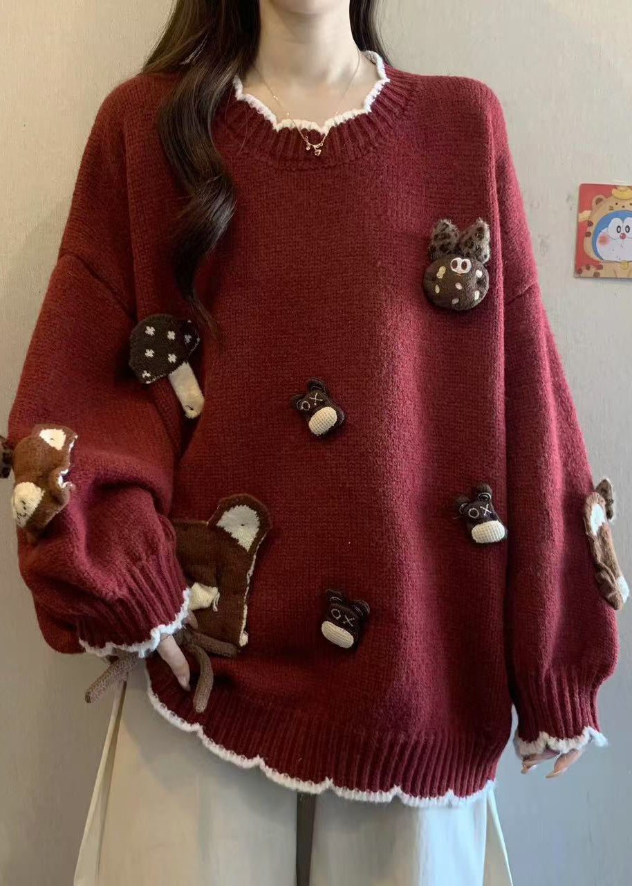 Lässige Khaki-Strickpullover mit Rundhalsausschnitt und Cartoon-Motiven für den Winter