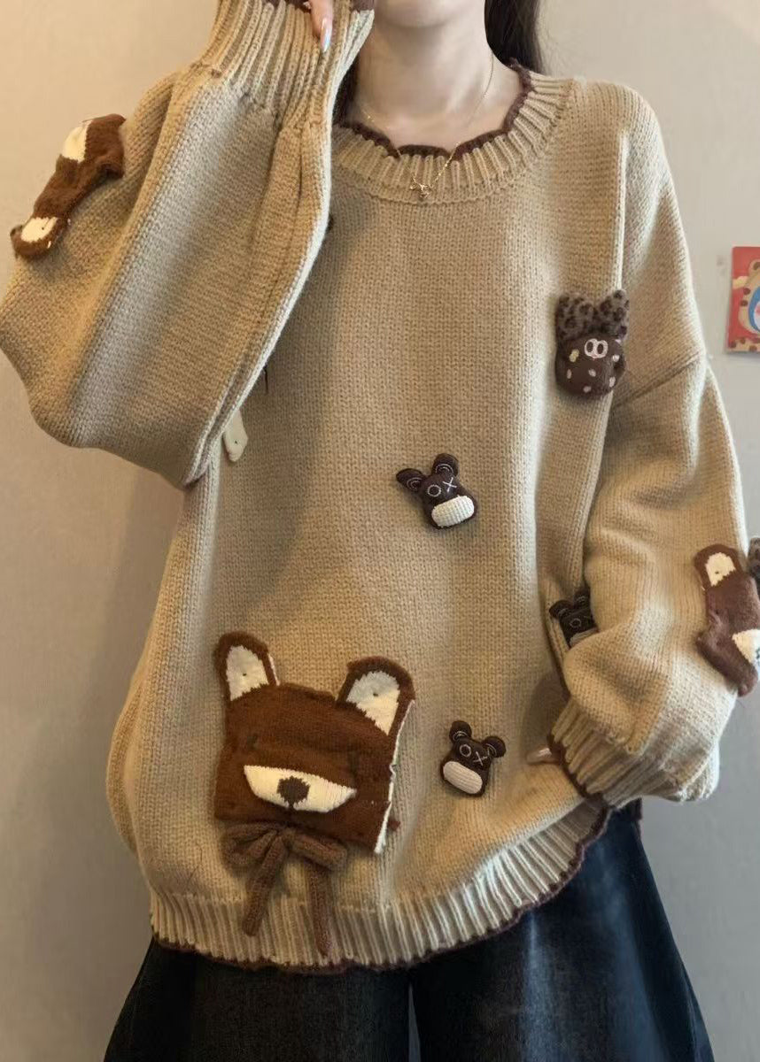 Lässige Khaki-Strickpullover mit Rundhalsausschnitt und Cartoon-Motiven für den Winter