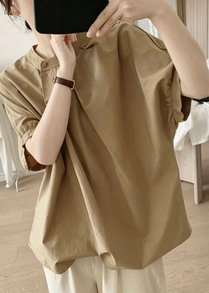 Casual Khaki O-Neck Wrinkled Cotton Blouse Tops Summer