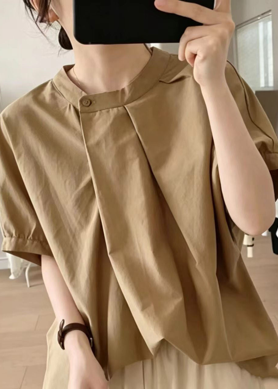 Casual Khaki O-Neck Wrinkled Cotton Blouse Tops Summer