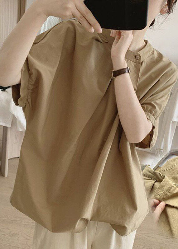 Casual Khaki O-Neck Wrinkled Cotton Blouse Tops Summer