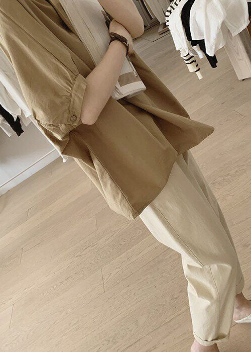 Casual Khaki O-Neck Wrinkled Cotton Blouse Tops Summer