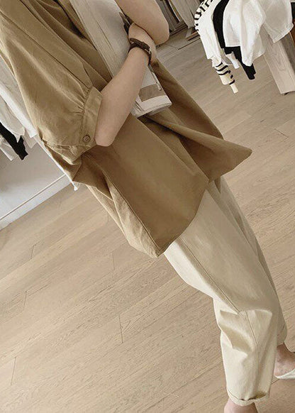 Casual Khaki O-Neck Wrinkled Cotton Blouse Tops Summer