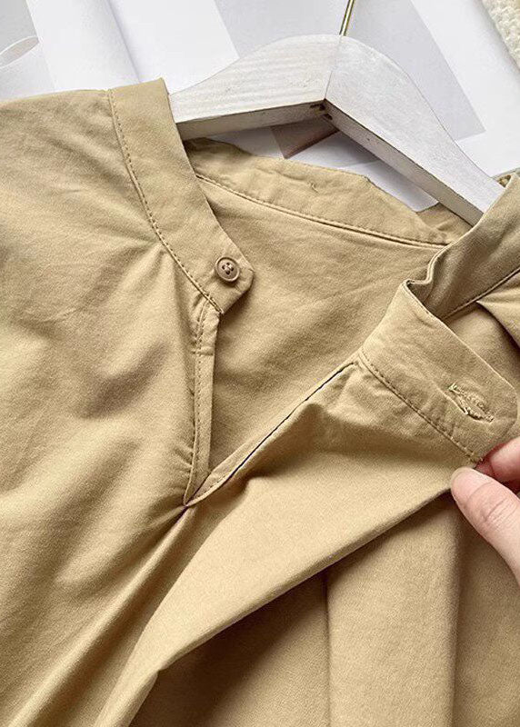 Casual Khaki O-Neck Wrinkled Cotton Blouse Tops Summer