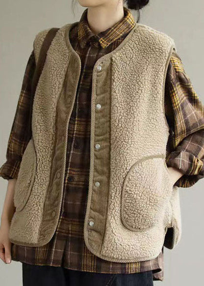 Lässiges Khaki Patchwork Kunstpelz Tank ärmellos