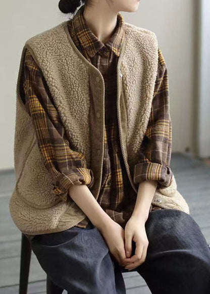 Lässiges Khaki Patchwork Kunstpelz Tank ärmellos