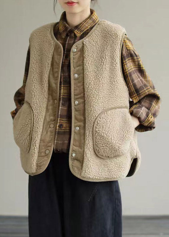 Lässiges Khaki Patchwork Kunstpelz Tank ärmellos