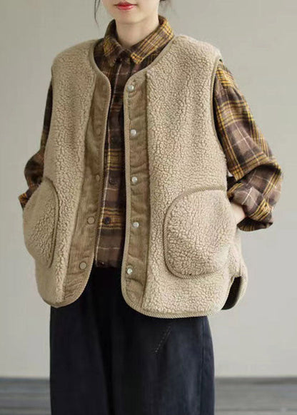 Lässiges Khaki Patchwork Kunstpelz Tank ärmellos